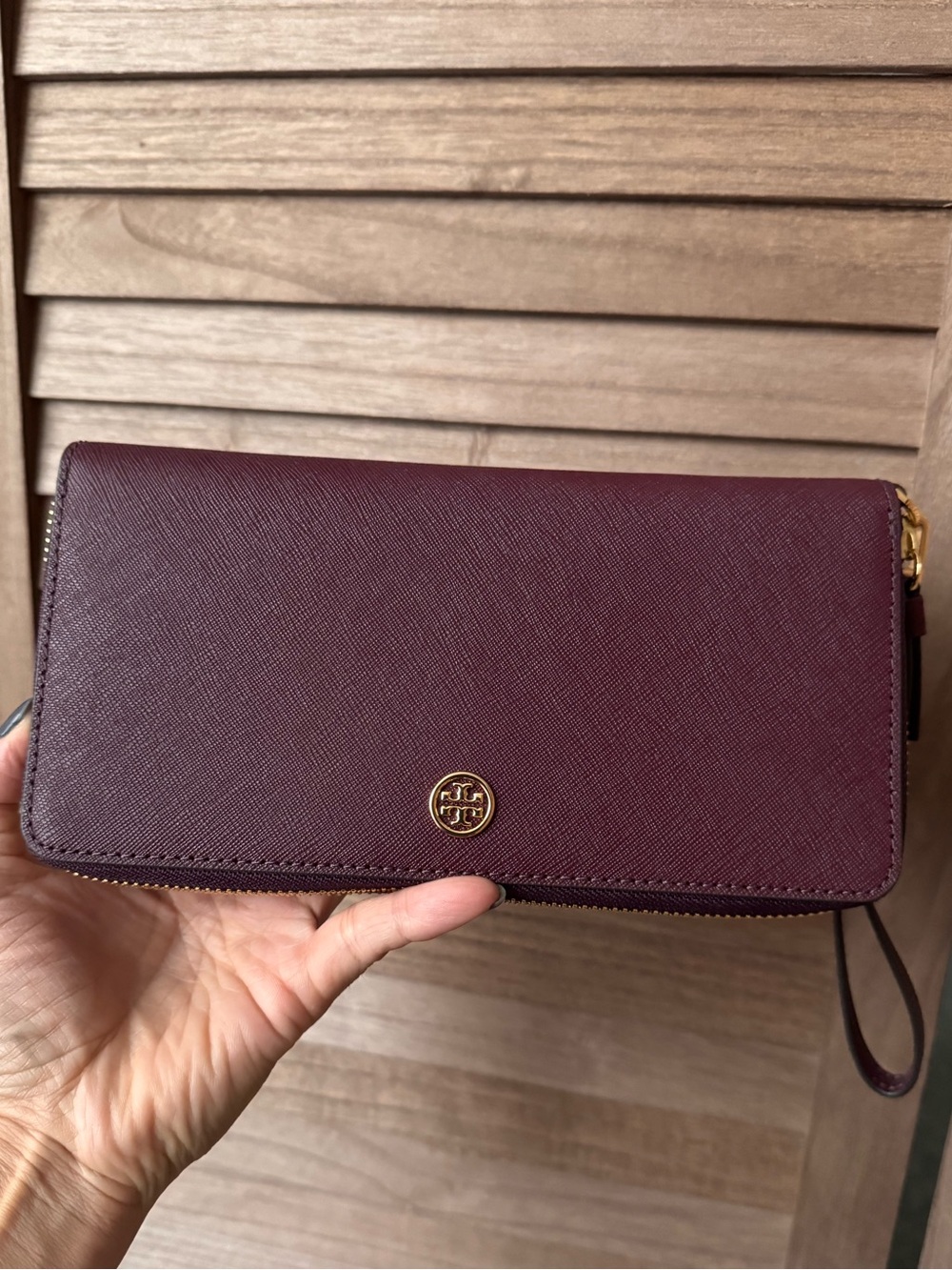 Tory Burch Maroon Saffiano Zip Wristlet with Gold Logo